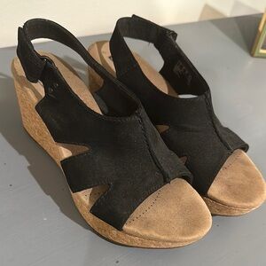 Clarks Black and Tan Wedge Sandals with Adjustable Slingback